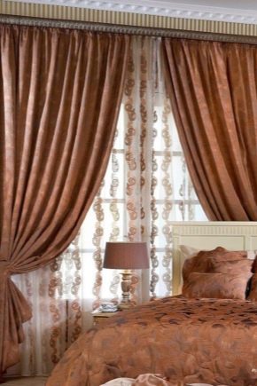 Brown curtains in the bedroom interior