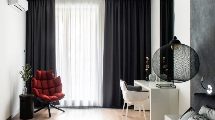 Dark curtains in the bedroom interior